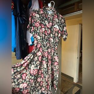 1980s Pink Floral Midi Dress With Circle Skirt By S.L. Petite’s